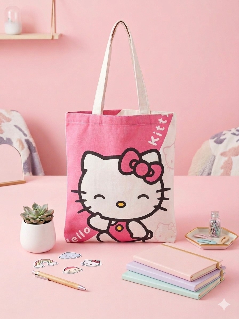 Hello Kitty Pink and Cream White Canvas Tote Bag